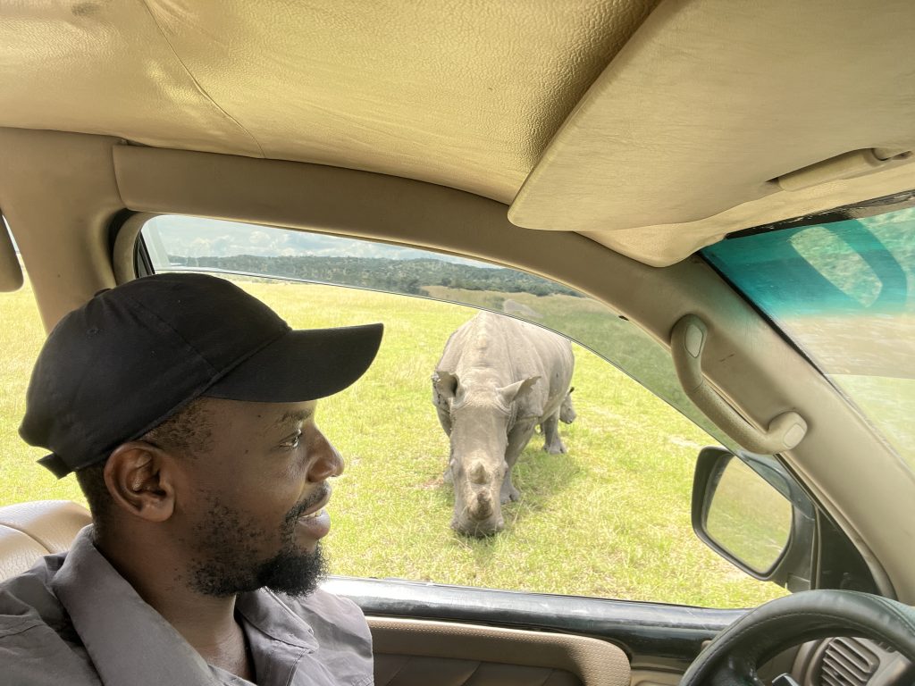 Safari guide observing a rhino in Akagera National Park during a wildlife safari in Rwanda